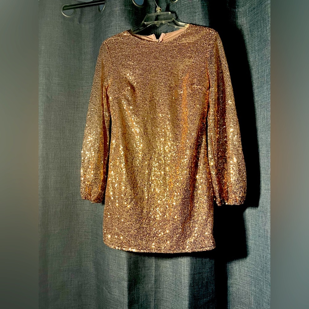 Mini rose gold sequin dress.